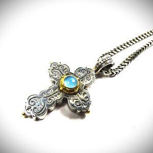 KONSTANTINO Sterling Silver 18K Yellow Gold Blue Chalcedony Cross Chain Necklace